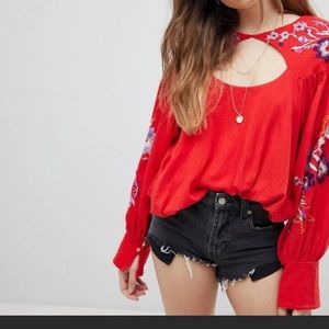 NWT Free People Lita Red embroidered long top S